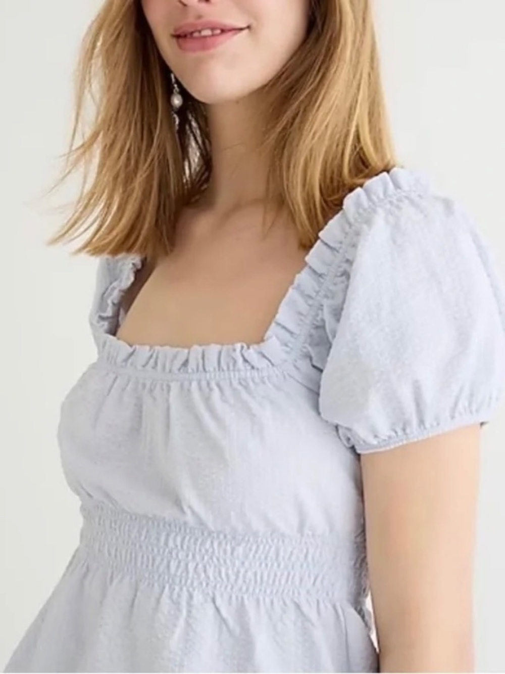 J Crew Seersucker Smocked Puff Sleeve Top Size S Square Neck Serene Blue